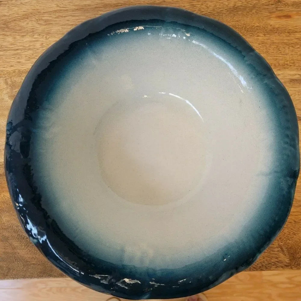Handmade Ceramic Heavy Oval Ombre White And Deep Green Serving Bowl